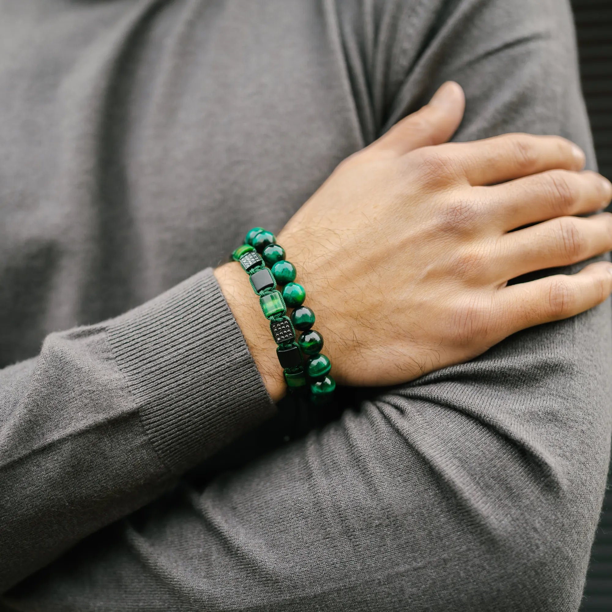 Men's GREEN TIGER EYE Beaded Bracelet