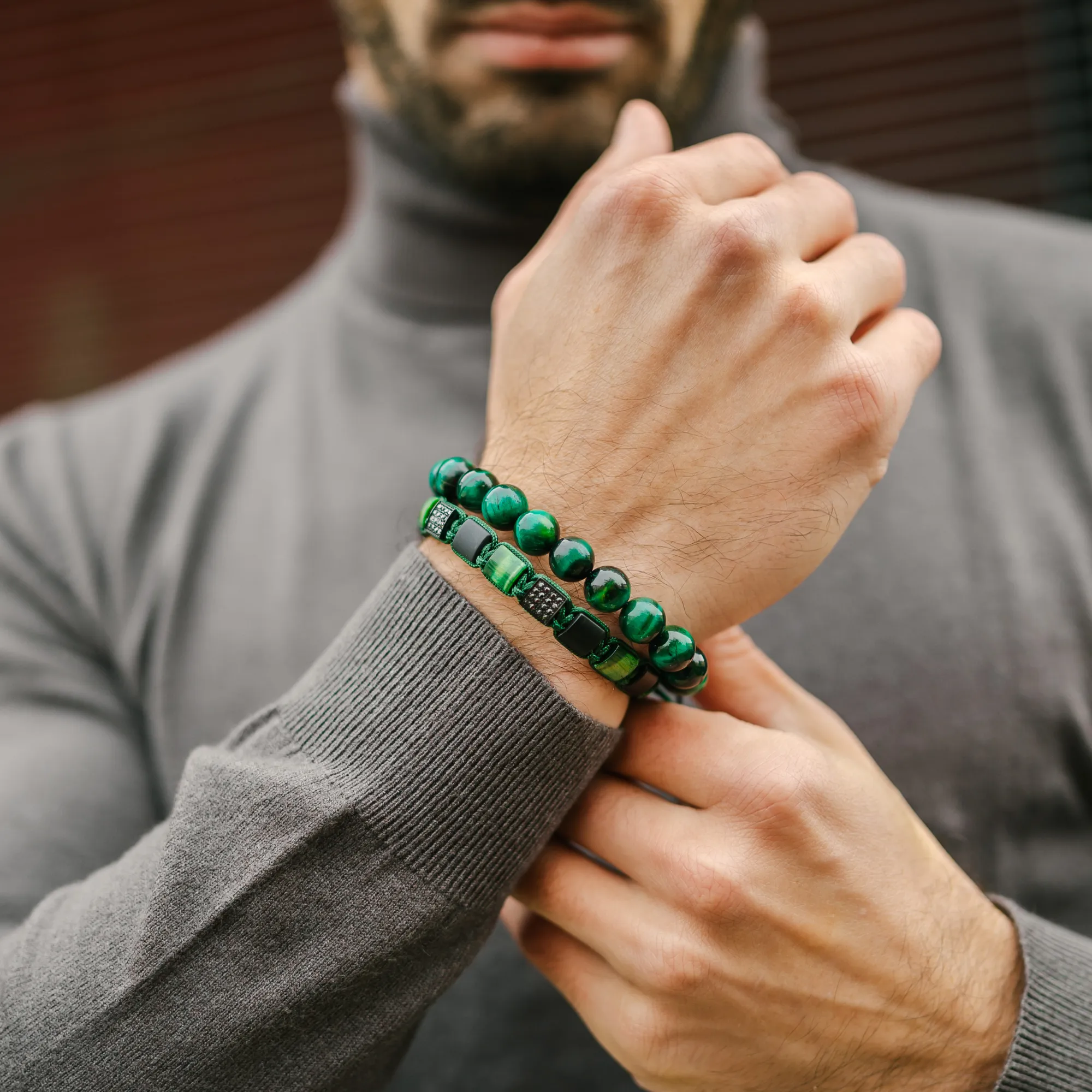 Men's GREEN TIGER EYE Beaded Bracelet