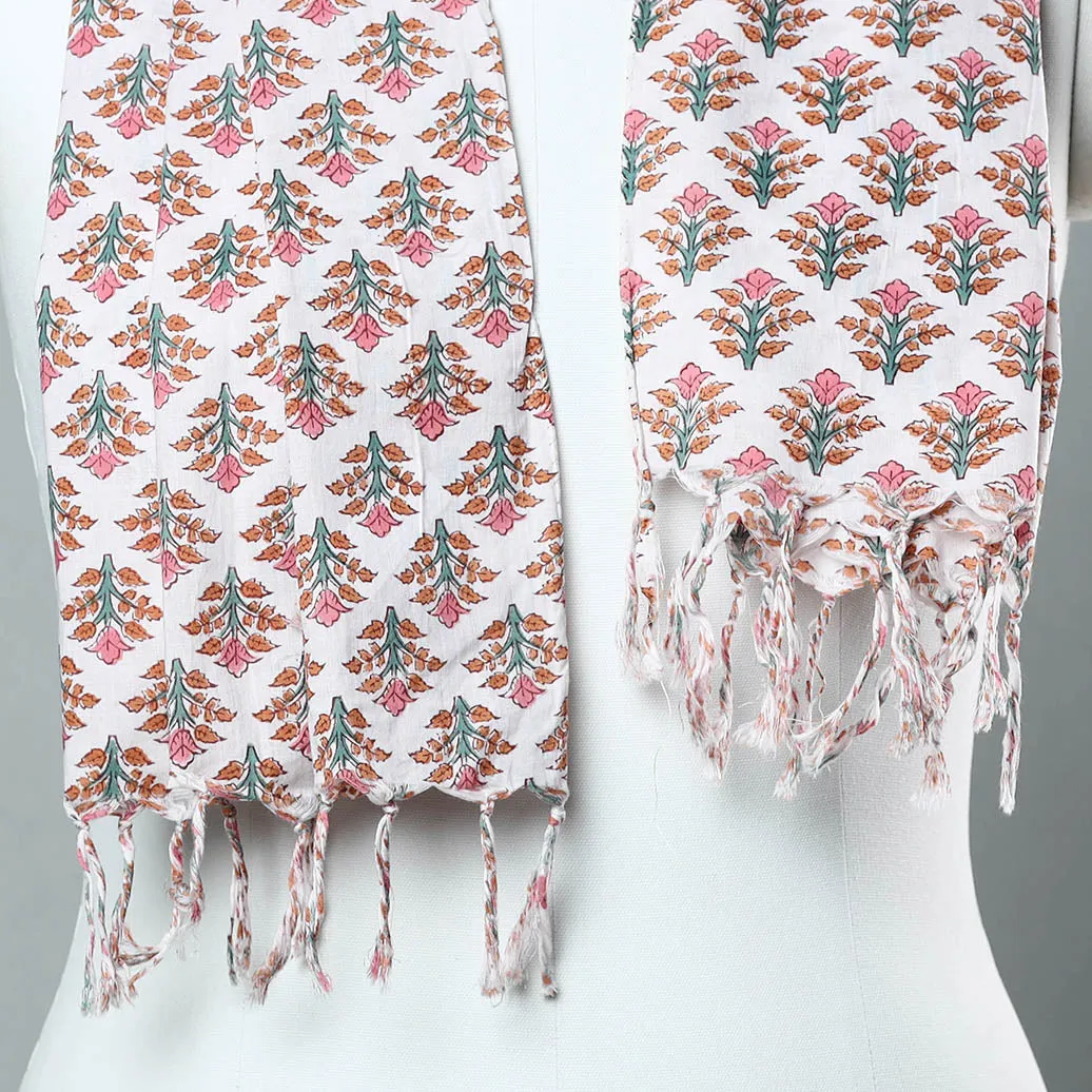 Multicolor - Sanganeri Block Printed Cotton Stole with Tassels 65