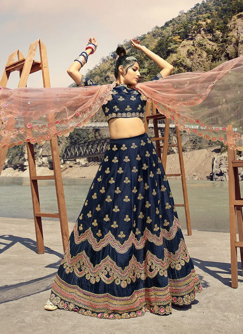 Navy Blue And Peach Multi Embroidered Designer Lehenga Choli