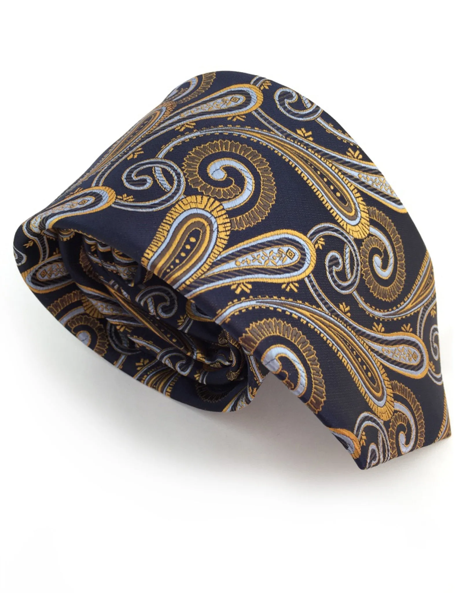 Navy Blue, Orange Gold & Silver Paisley Tie