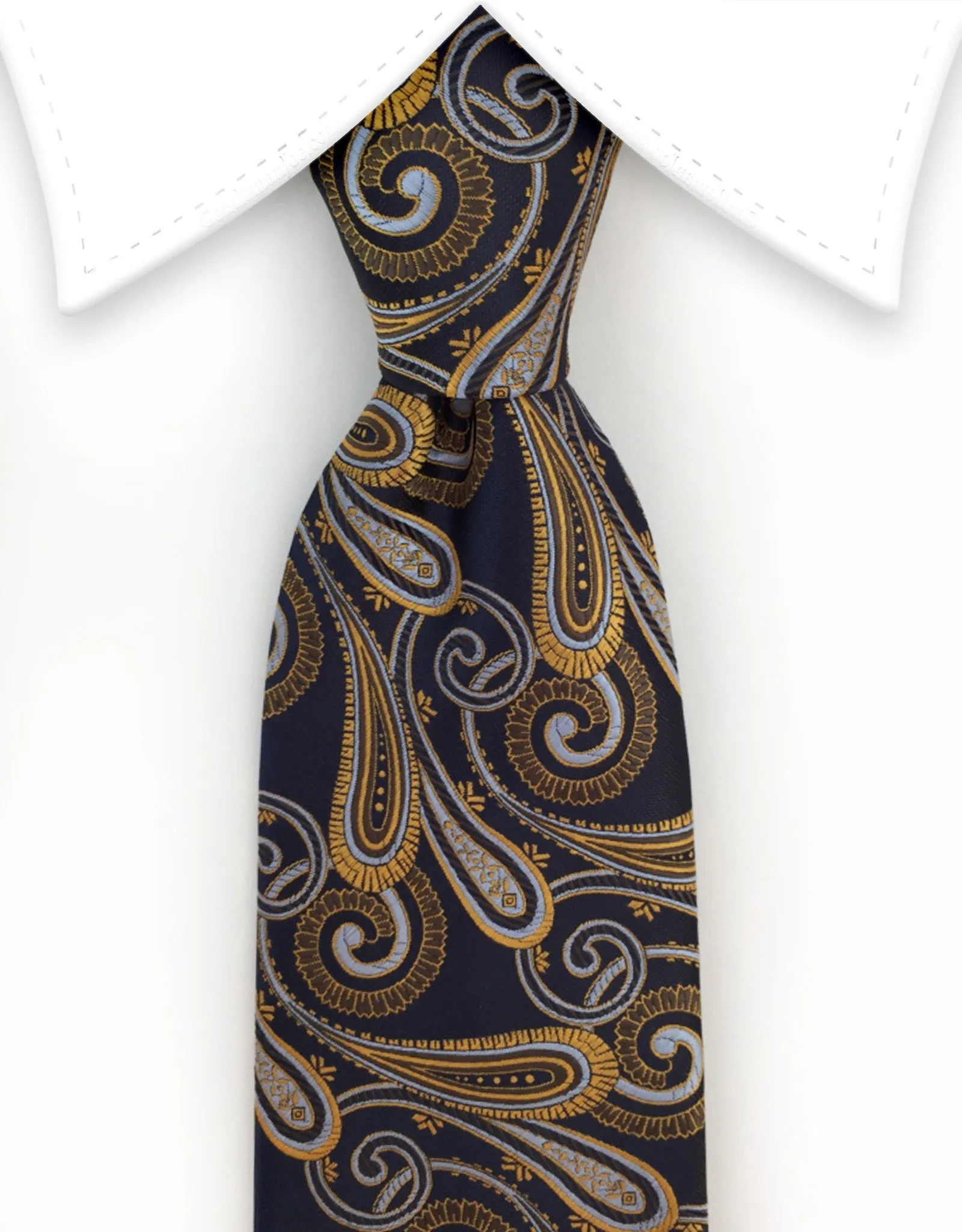 Navy Blue, Orange Gold & Silver Paisley Tie