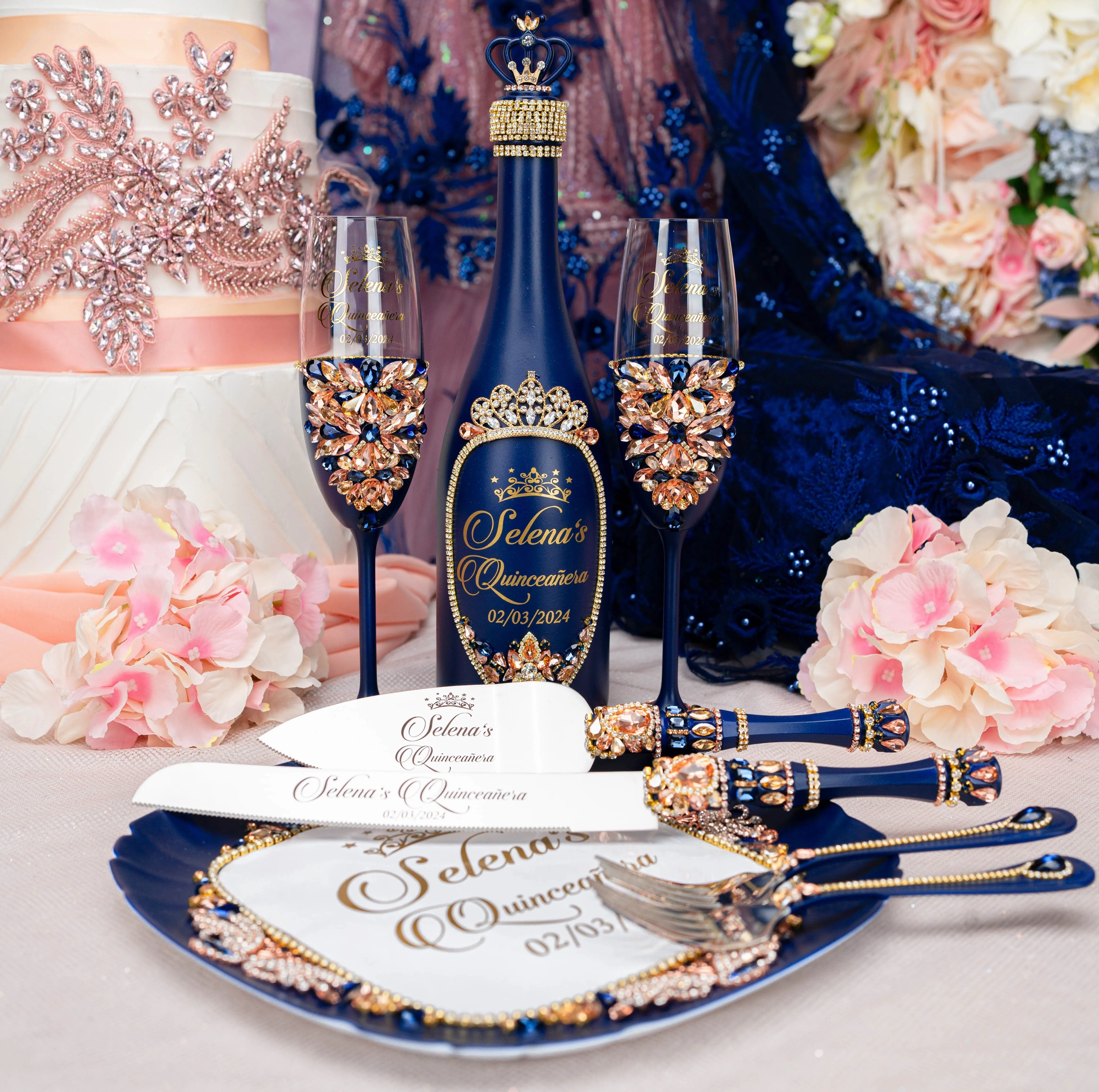 Navy Blue with Rose Gold quinceanera bottle with 1 glass