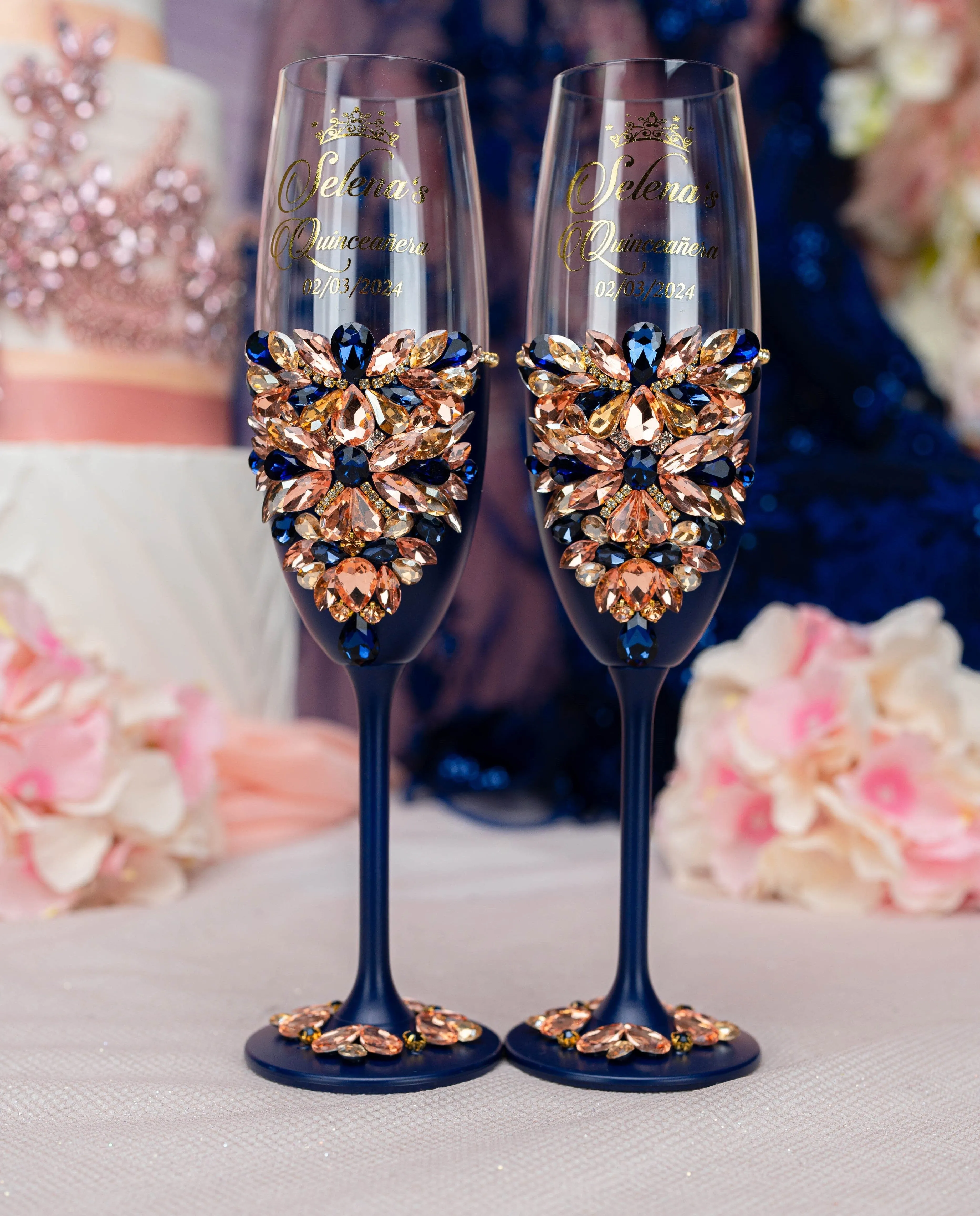 Navy Blue with Rose Gold quinceanera bottle with 1 glass