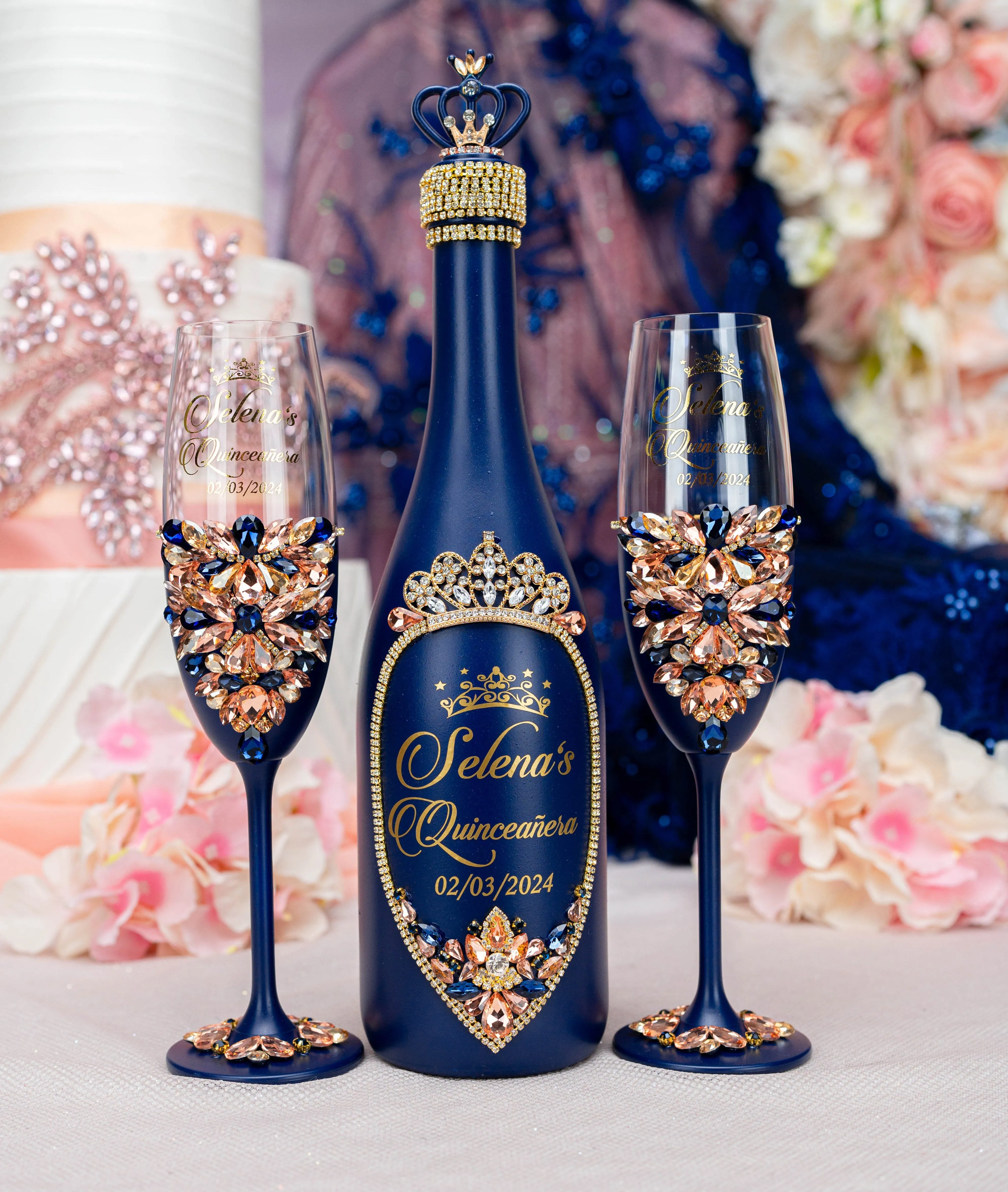 Navy Blue with Rose Gold quinceanera bottle with 1 glass