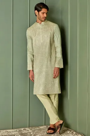 Olive Elegance: Tussar Silk Kurta With Resham Embroidery In Gold Floral And All Over Embroidery