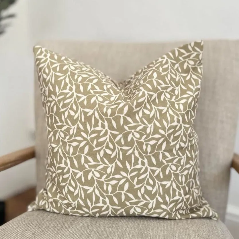 Olive Green & Cream Leaf Print Square Cotton Cushion