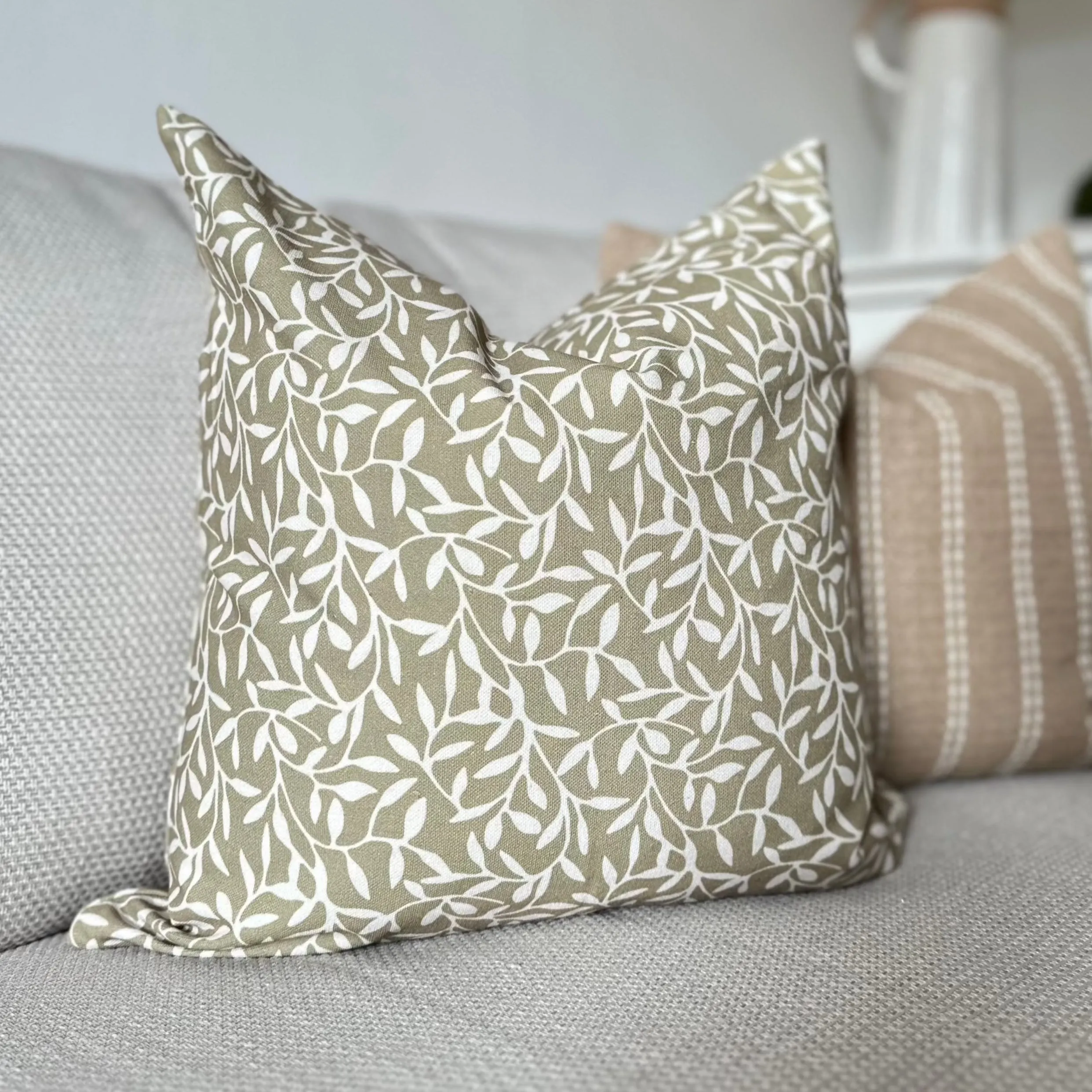 Olive Green & Cream Leaf Print Square Cotton Cushion