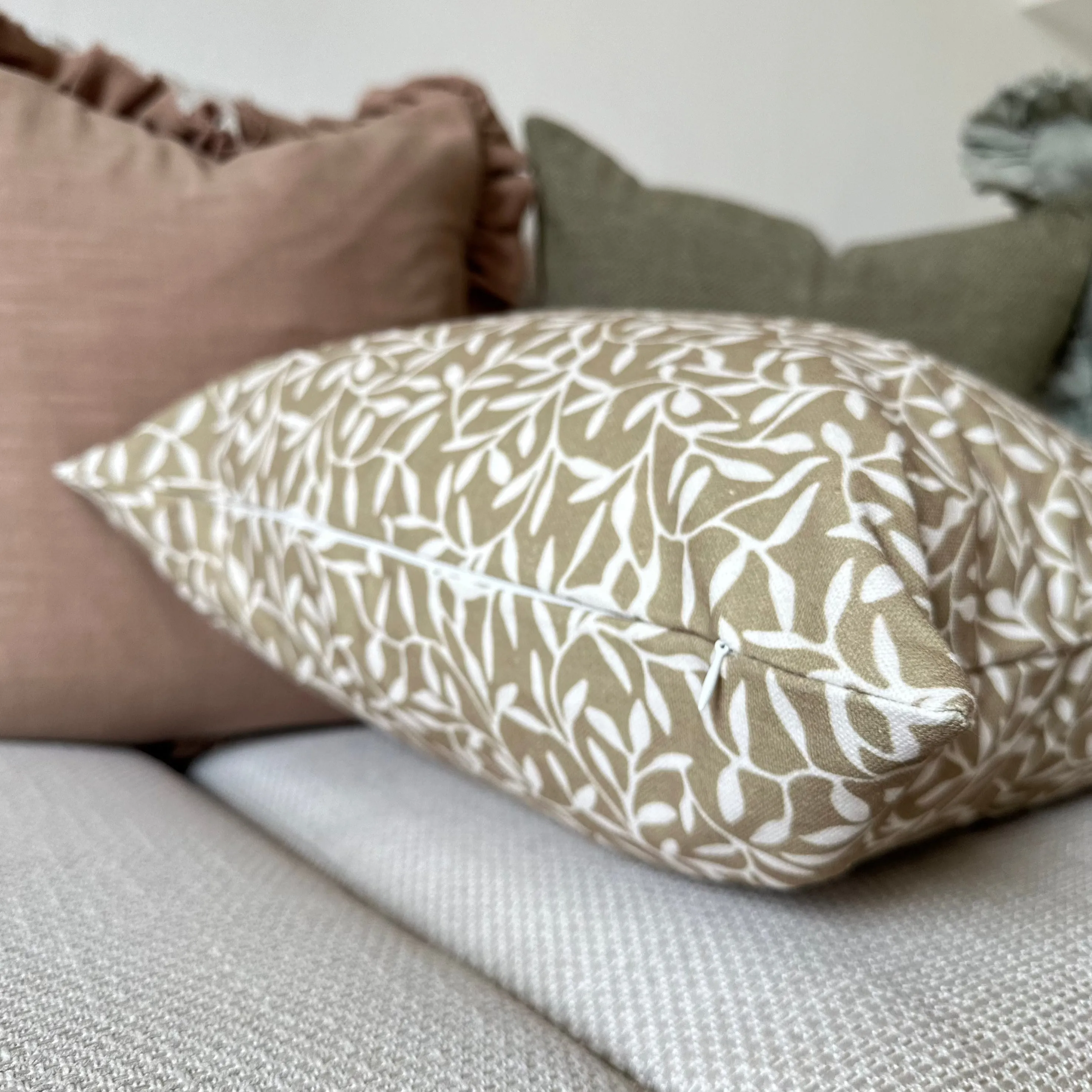 Olive Green & Cream Leaf Print Square Cotton Cushion