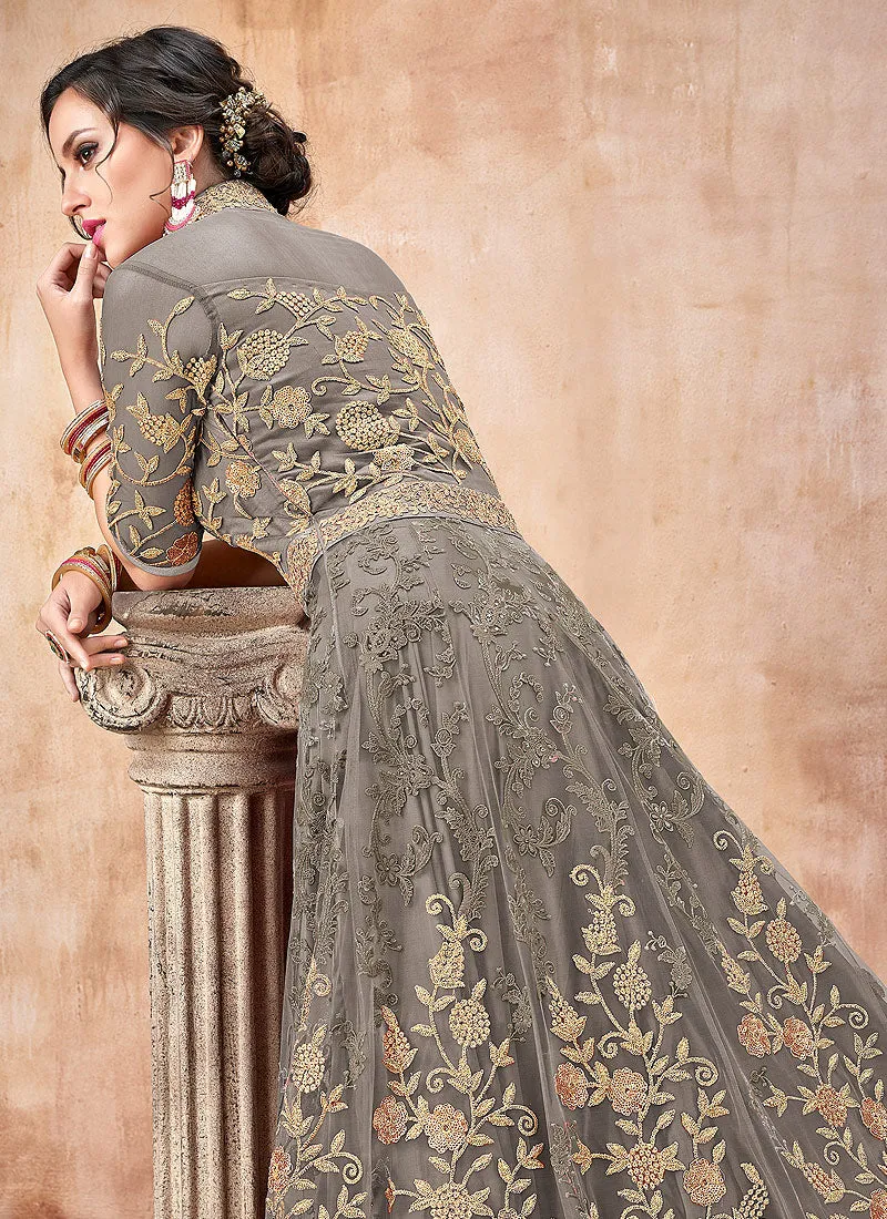 Olive Green Embroidered Flared Anarkali Suit