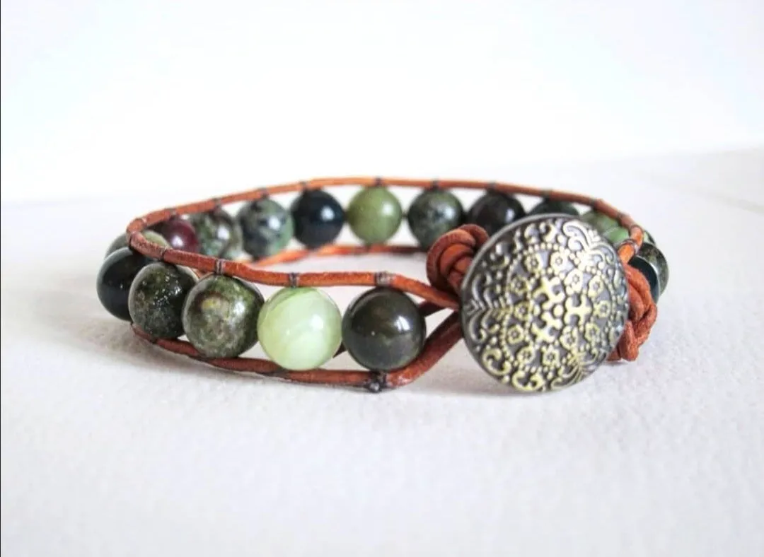 Opal Bloodstone Jasper Mix Leather Single Wrap Bracelet