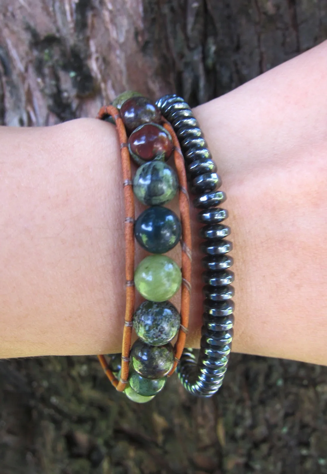 Opal Bloodstone Jasper Mix Leather Single Wrap Bracelet