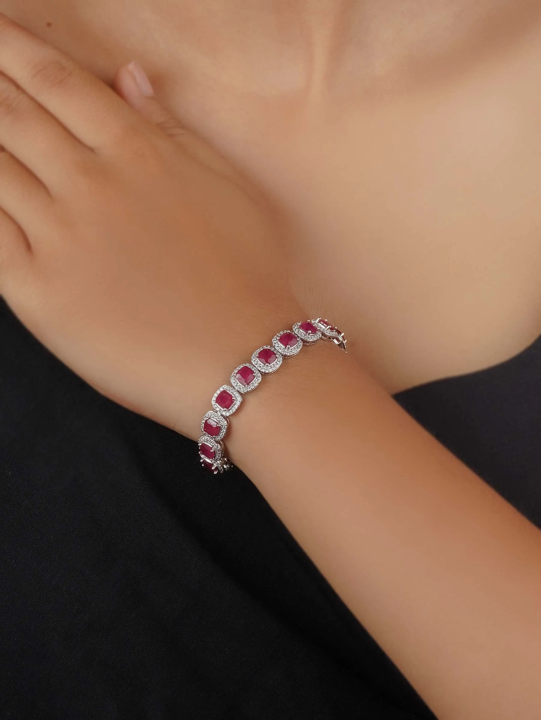 Pink Color Silver Plated Faux Diamond Bracelet - CZBRAC116P