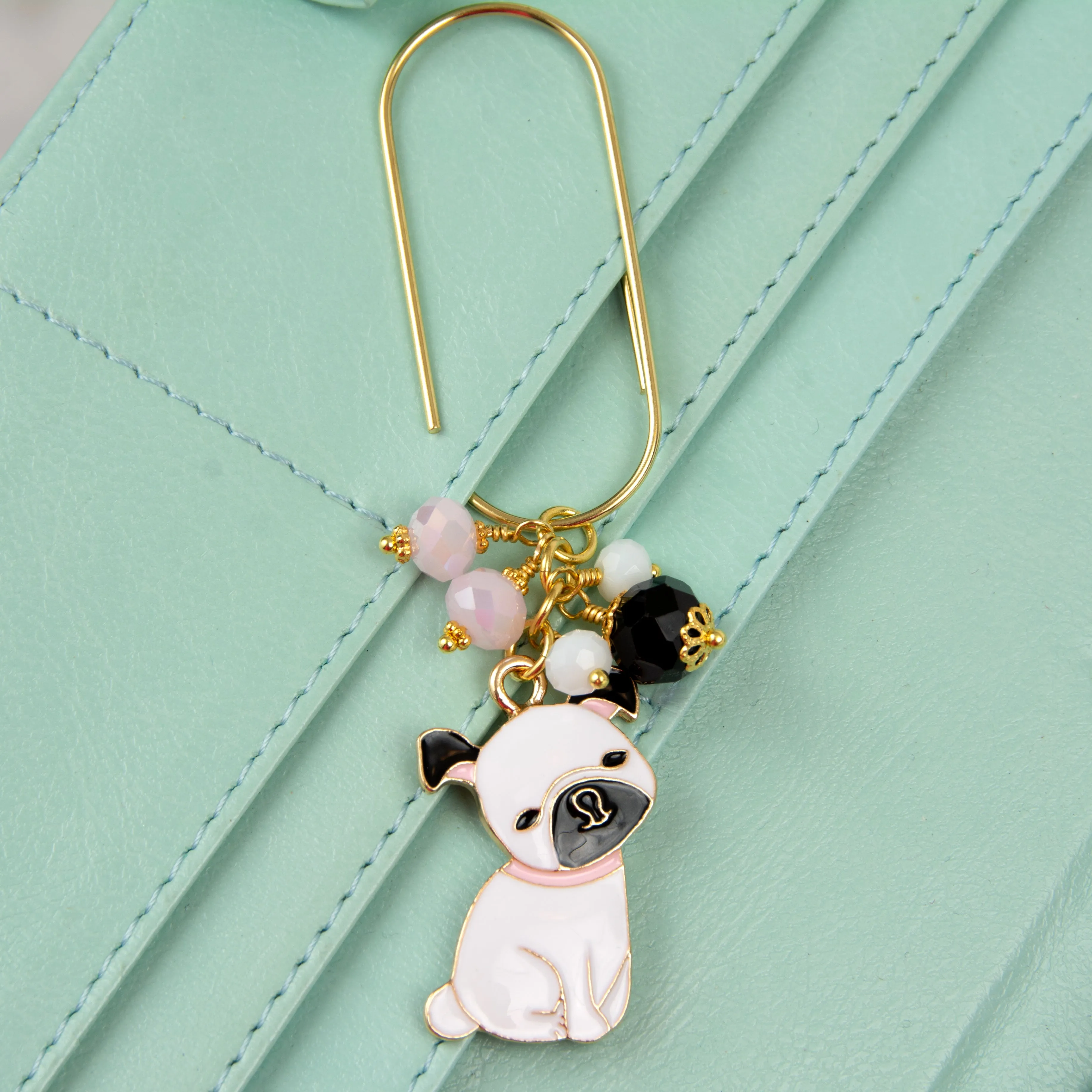 Pug Dog Dangle Clip or Charm with Black, Pink and White Crystals