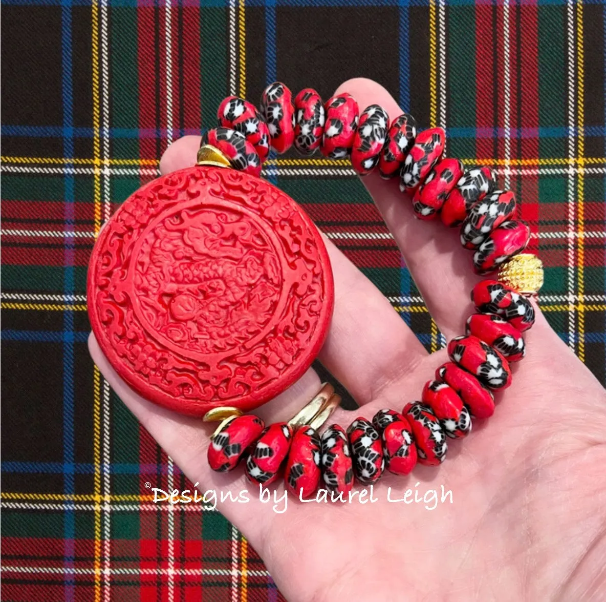 Red & Black Cinnabar Focal Bead Bracelet