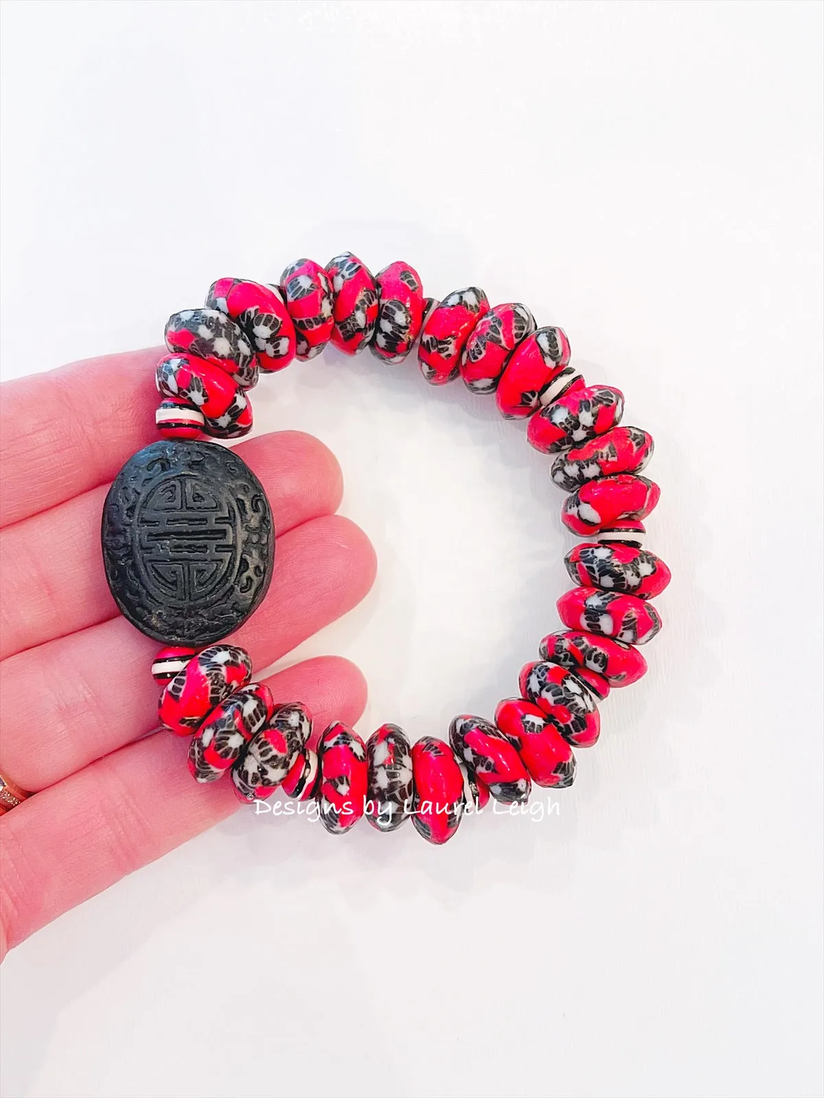 Red & Black Cinnabar Focal Bead Bracelet