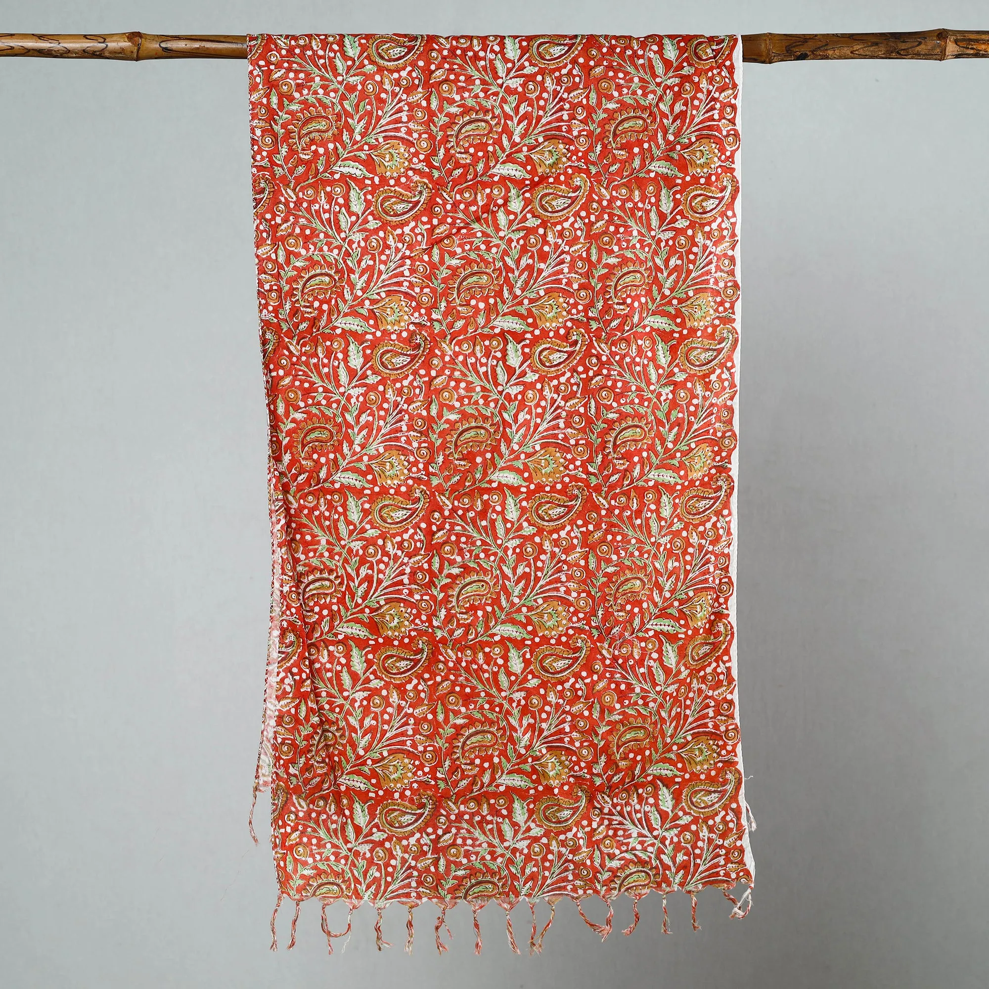 Red - Sanganeri Block Printed Cotton Stole with Tassels 47