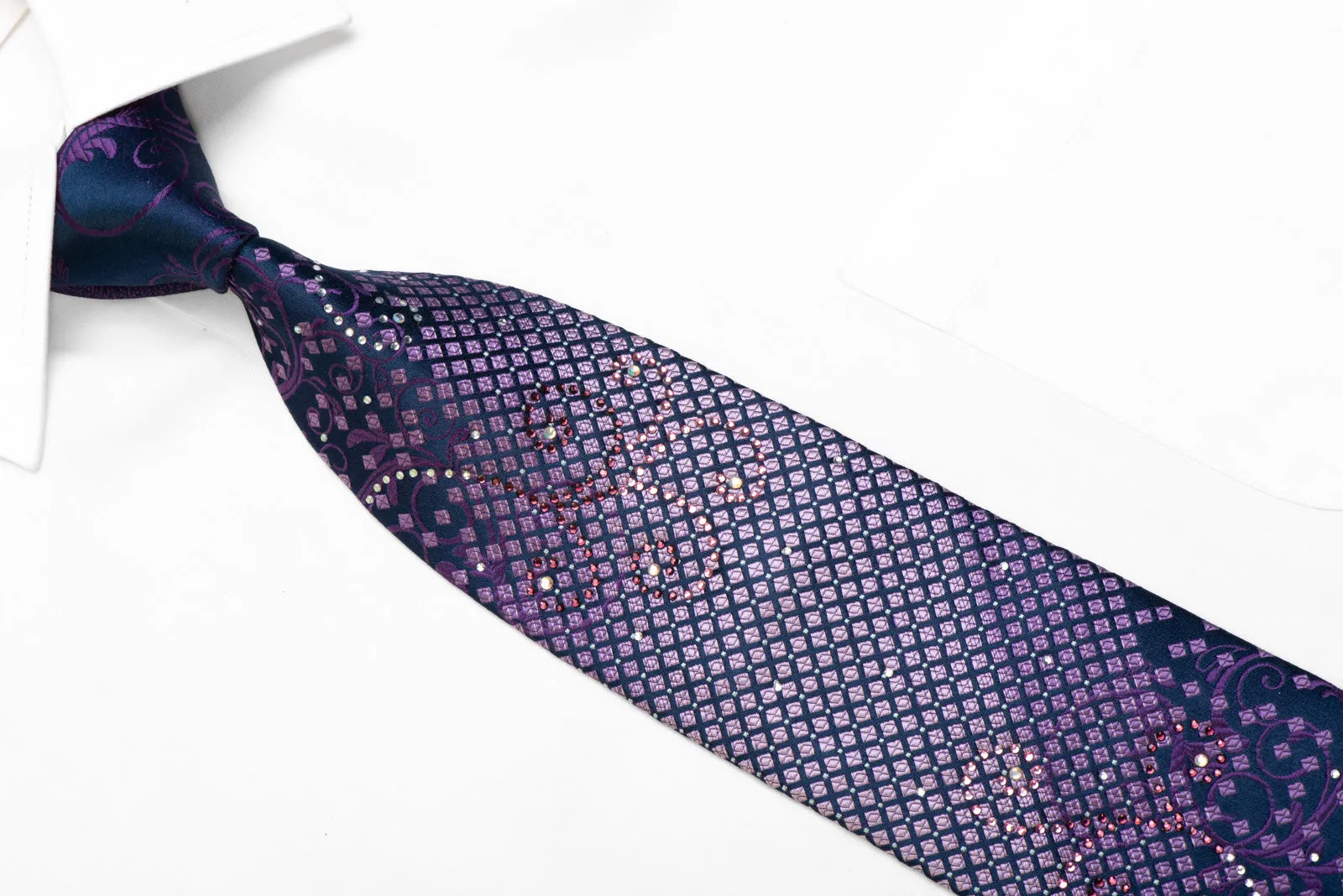 Rhinestone Silk Necktie Purple Scrolls On Geometric On Navy