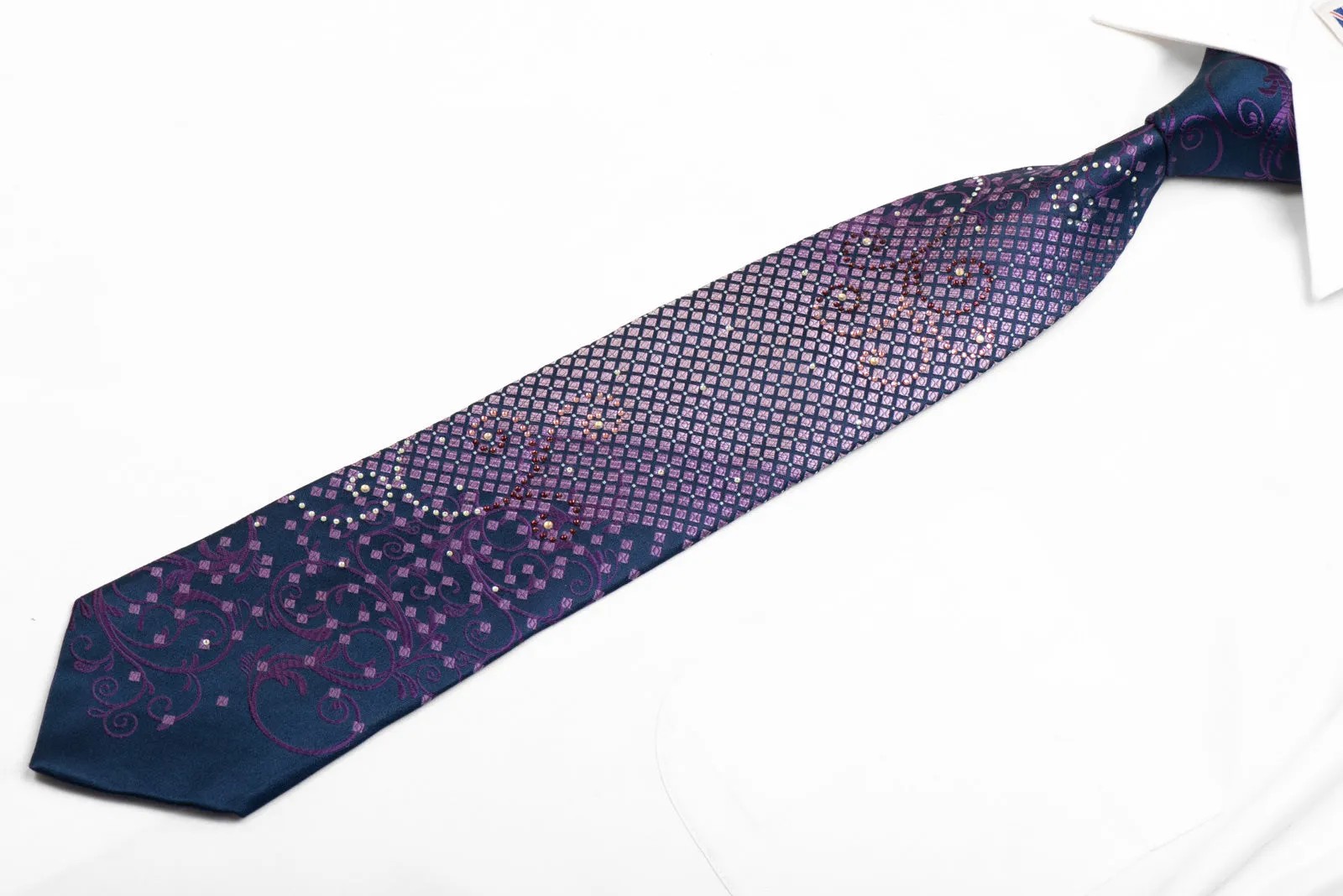 Rhinestone Silk Necktie Purple Scrolls On Geometric On Navy