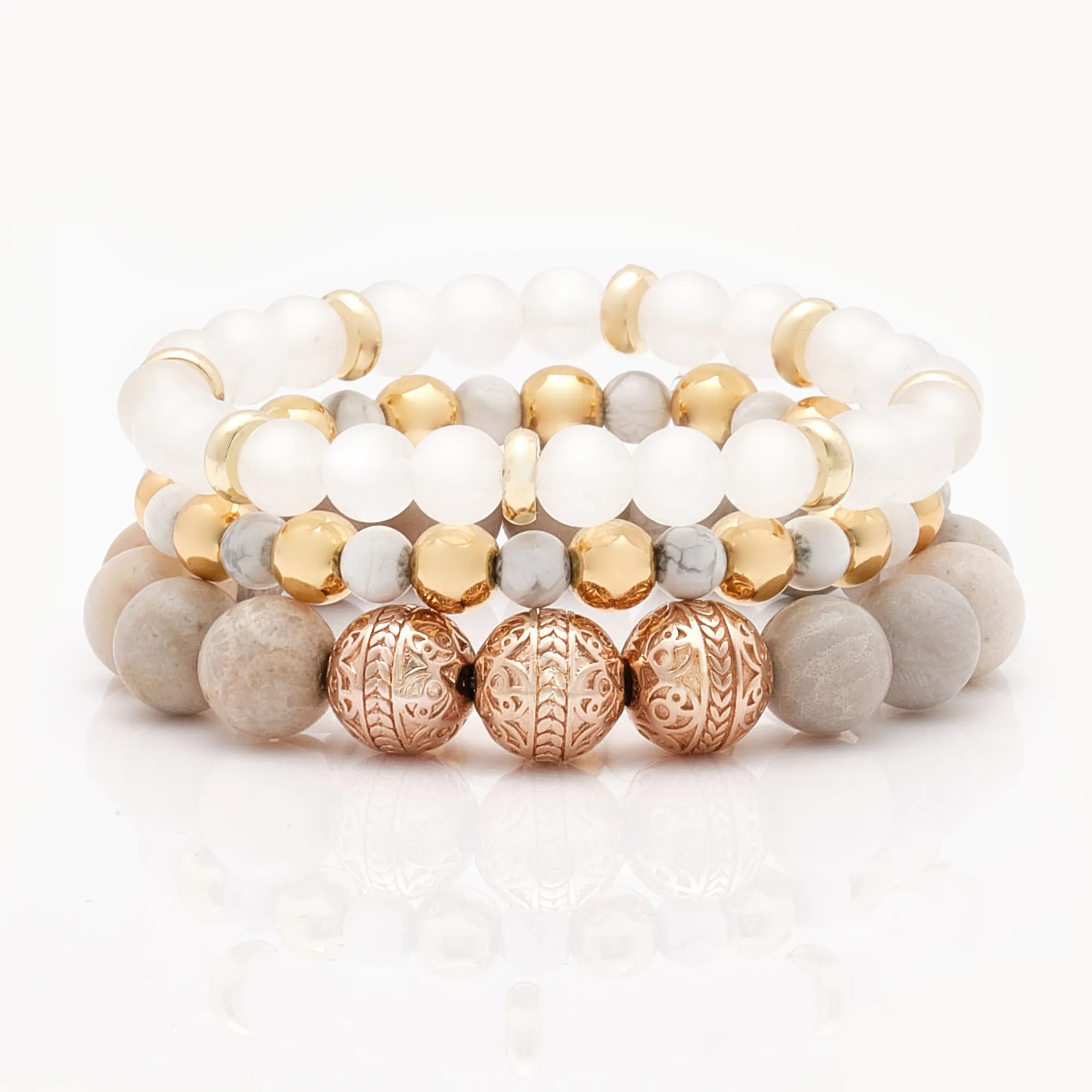 Rose Gold Chrysanthemum Bracelet with Howlite and White Jade Bracelet