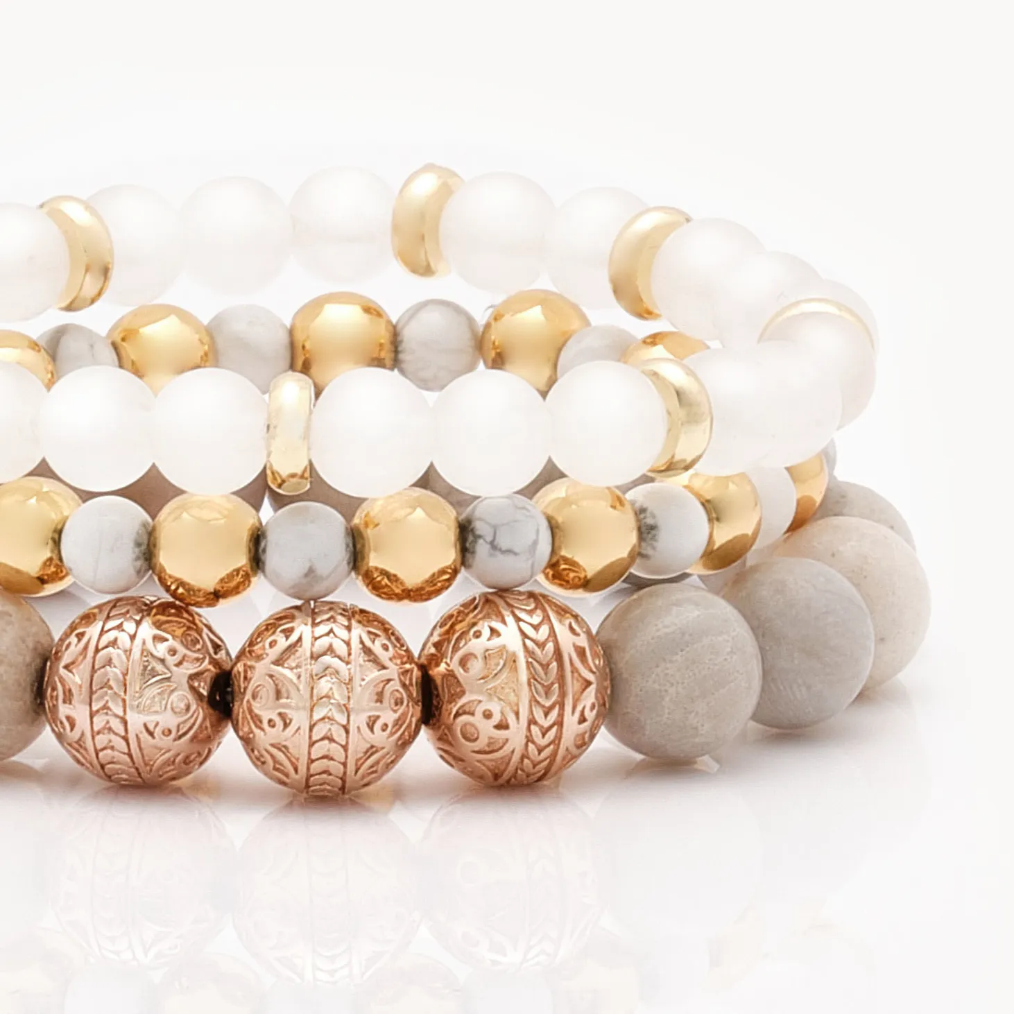 Rose Gold Chrysanthemum Bracelet with Howlite and White Jade Bracelet