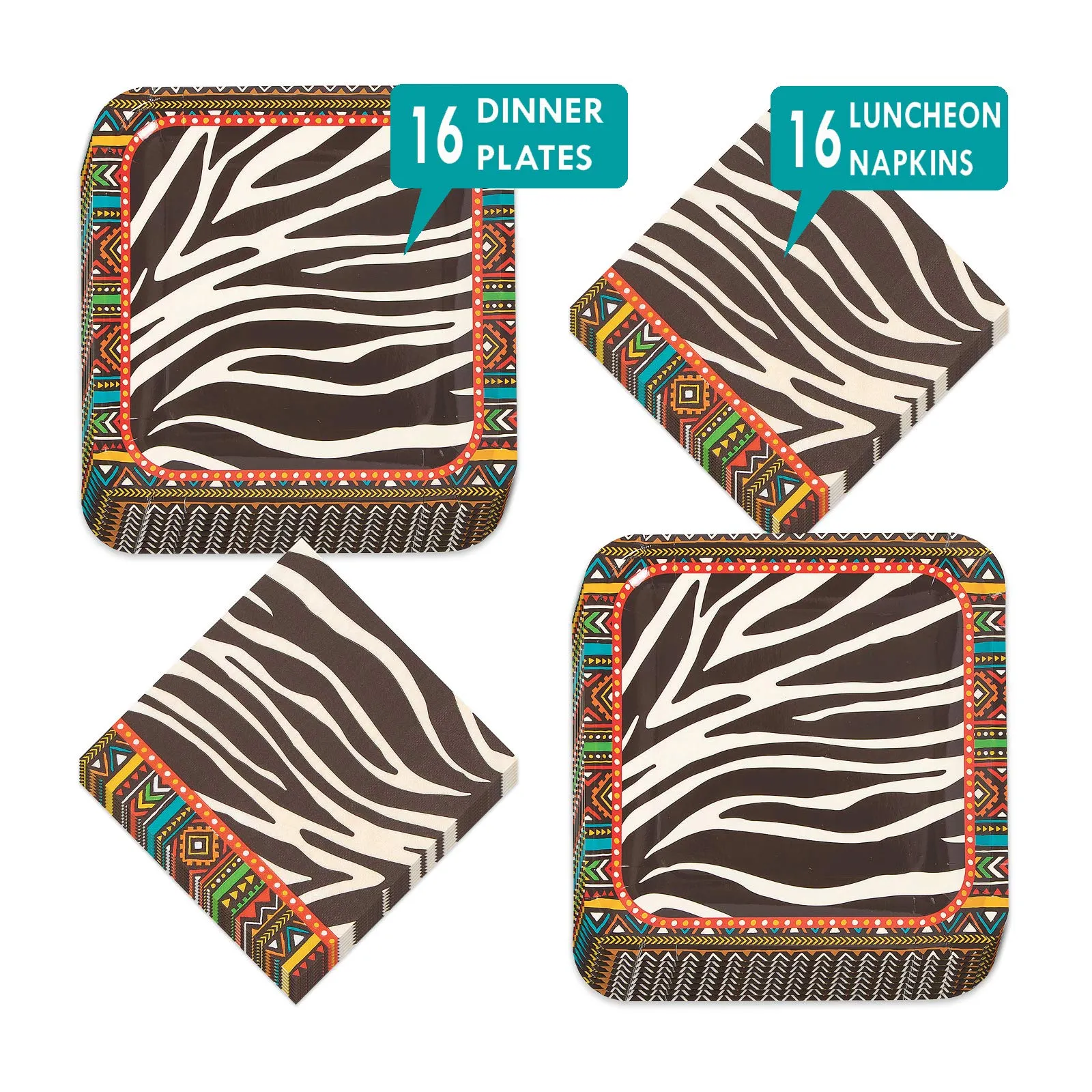 Safari Animal Print Party Supplies - Zebra Paper Dinner Plates and Luncheon Napkins (Serves 16)