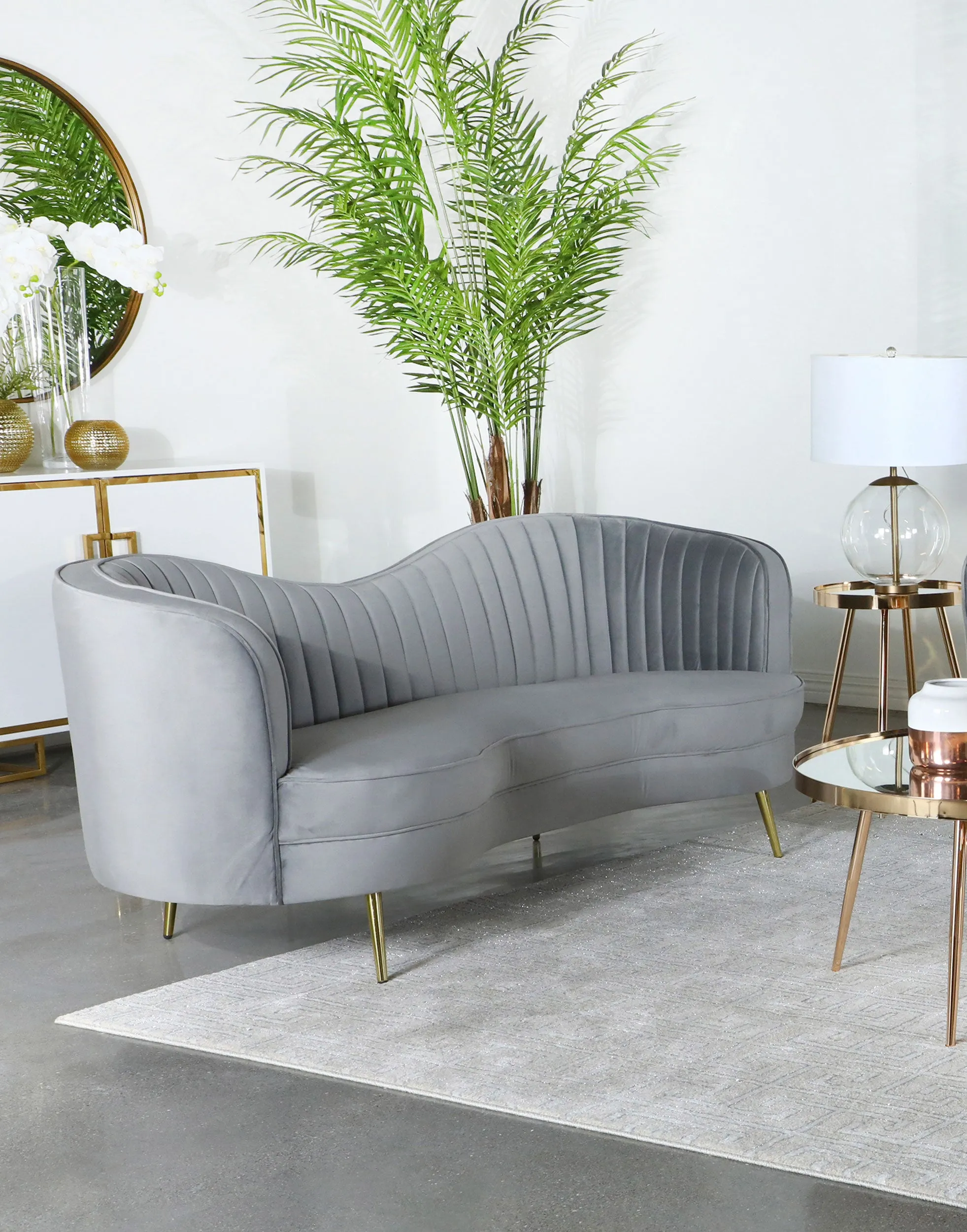 Sophia Upholstered Sofa with Camel Back Grey and Gold