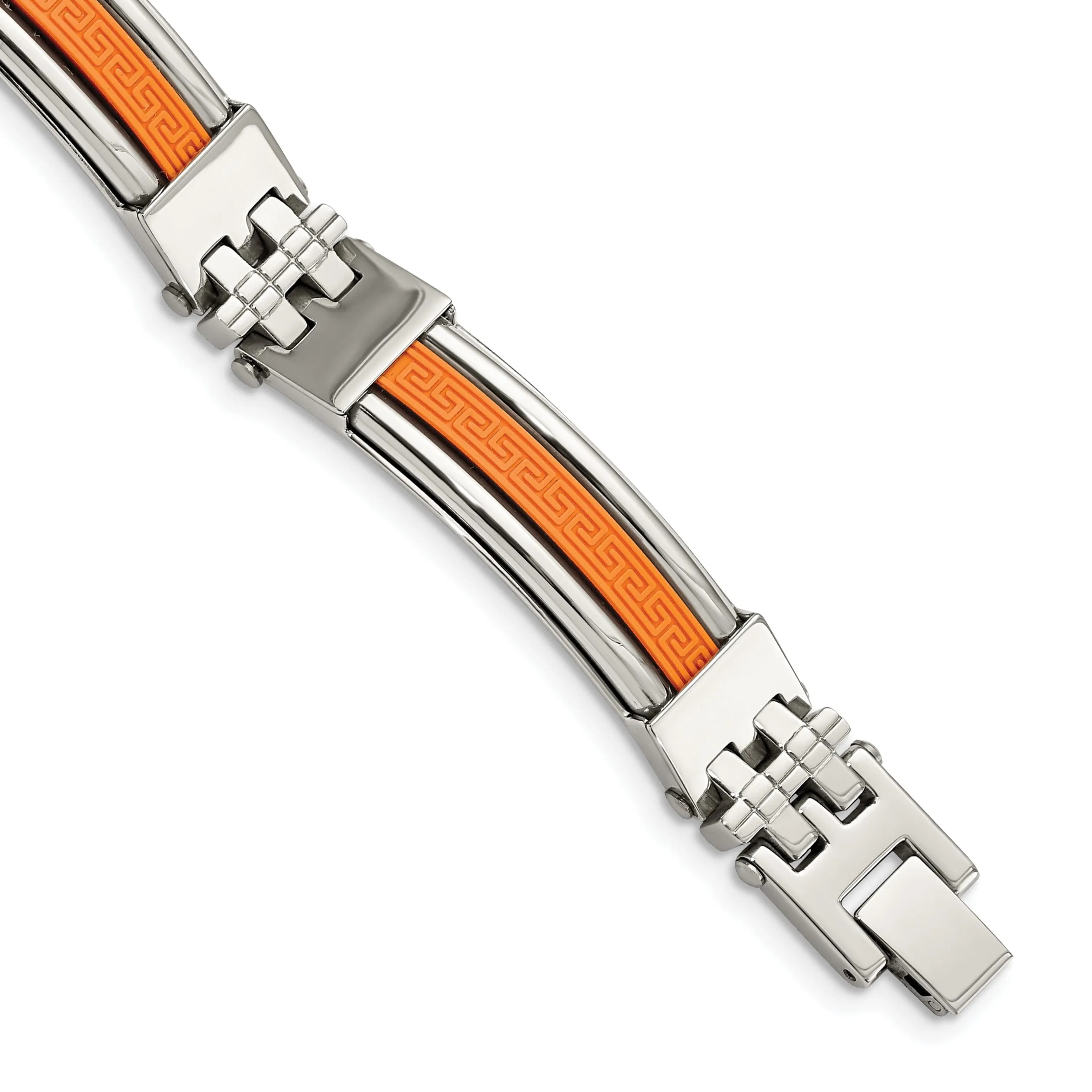 Stainless Steel Orange Rubber Fold Over Bracelet