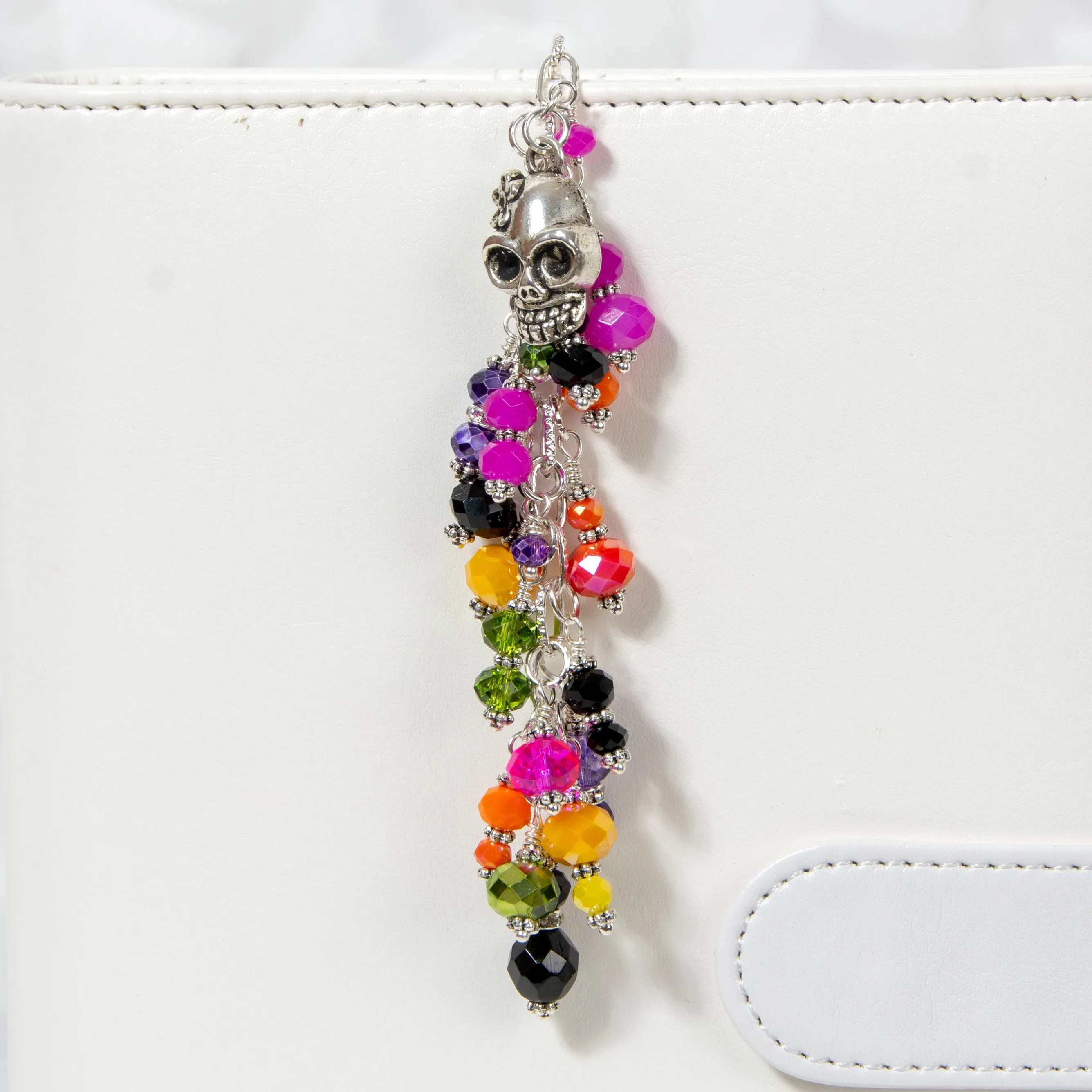 Sugar Skull Charm with Pink, Orange, Yellow, Green, Purple and Black Crystal Dangle