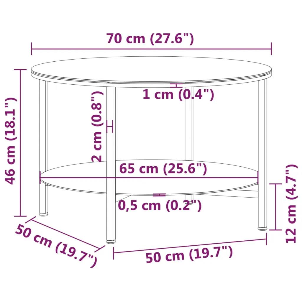 Tea Table Black and Black Marble 70 cm Tempered Glass