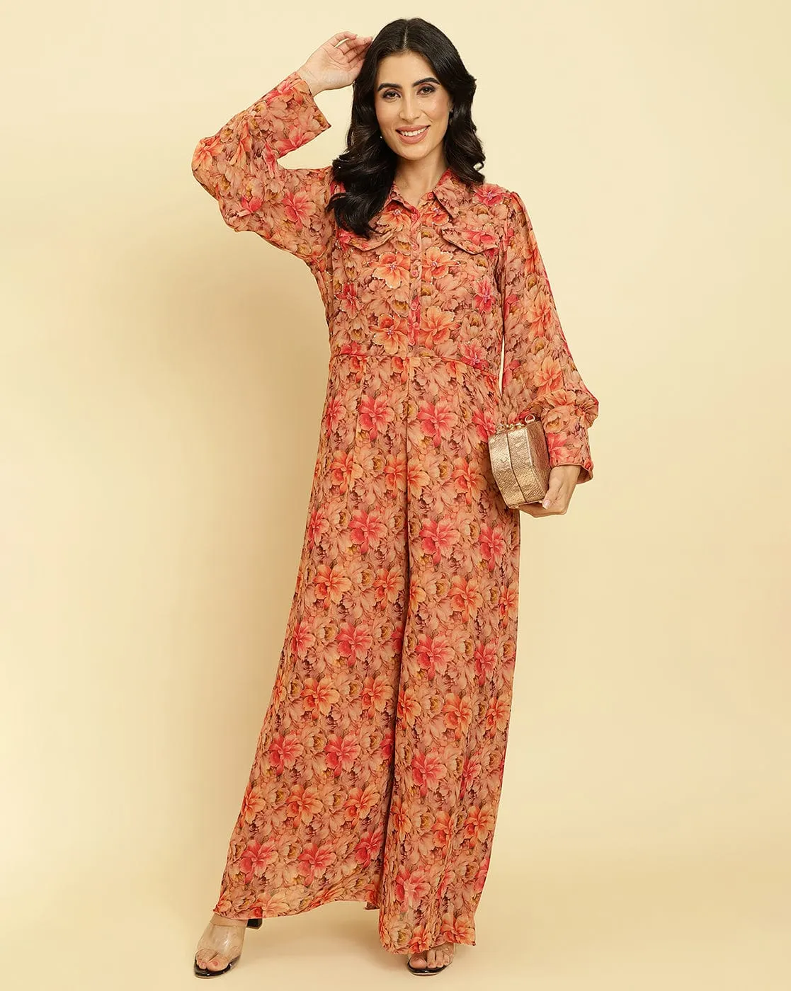 Varanga Women Floral Printed Zari Embellished Multi Colour Floral Printed JumpSuit