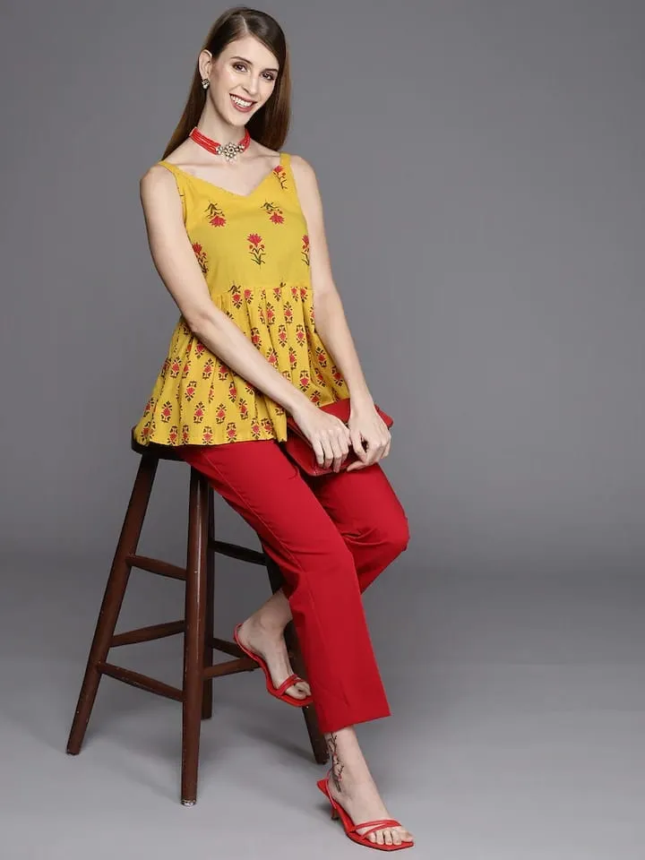 Varanga Yellow & Pink Printed Cotton Top