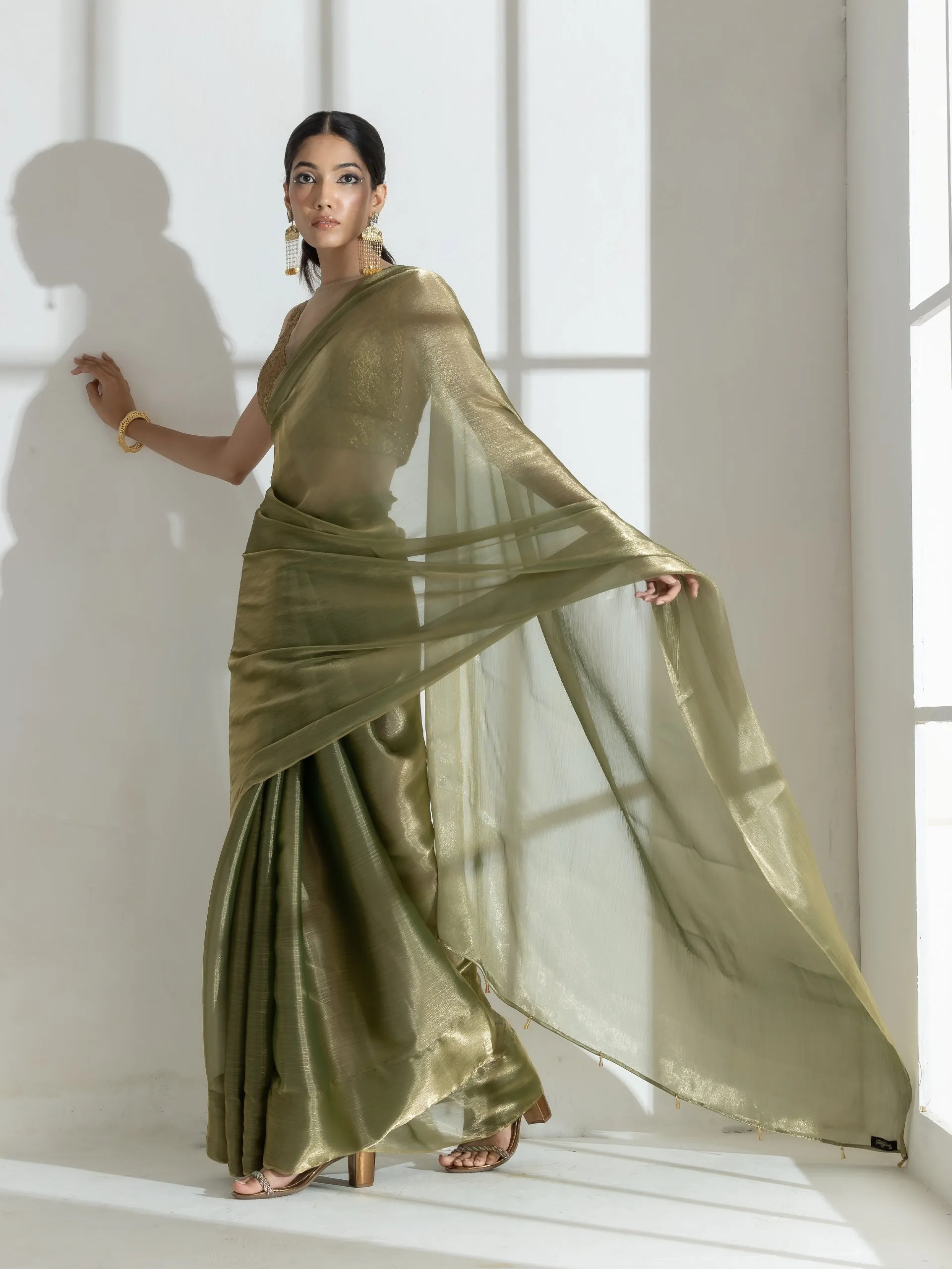 Wasabi Organza Chiffon Saree with Beads with Self Blouse Fabric