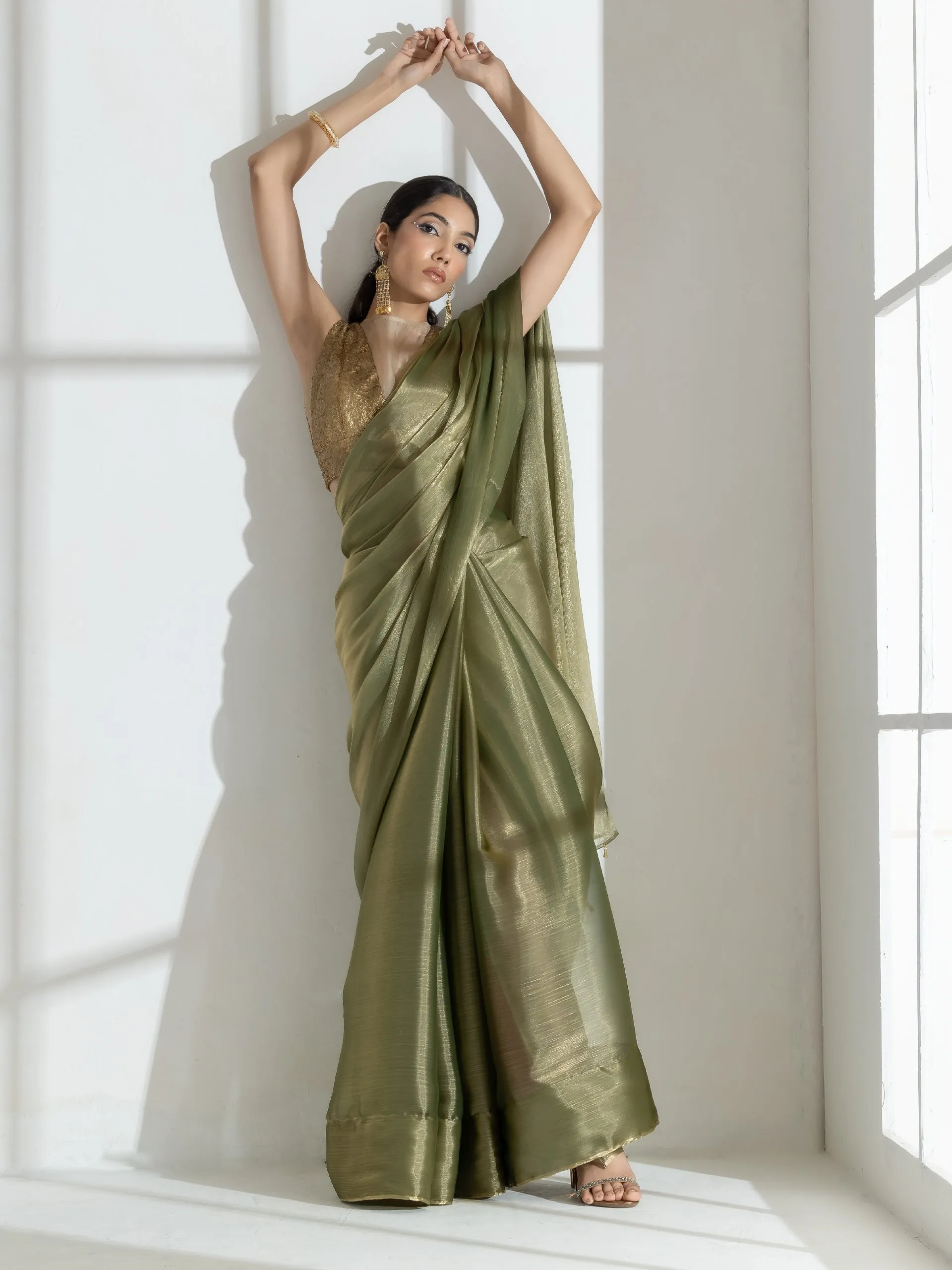 Wasabi Organza Chiffon Saree with Beads with Self Blouse Fabric