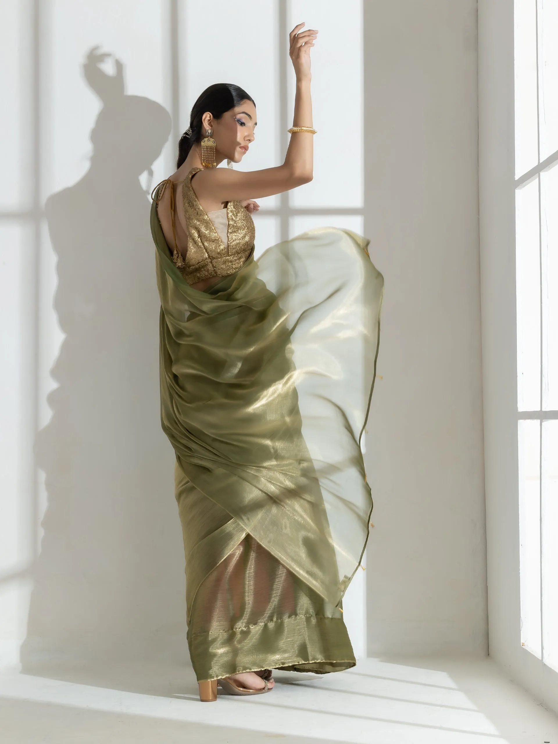 Wasabi Organza Chiffon Saree with Beads with Self Blouse Fabric