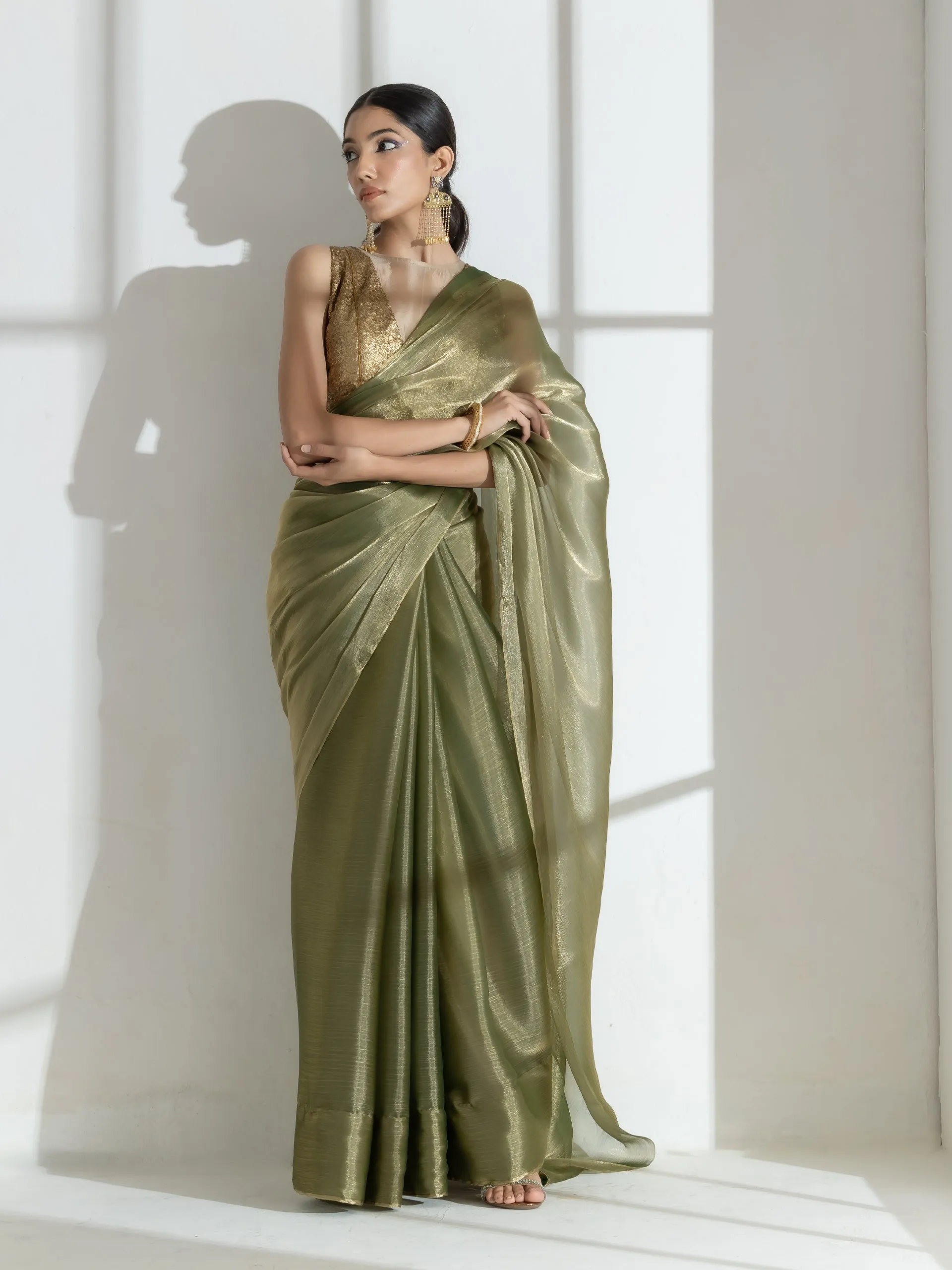 Wasabi Organza Chiffon Saree with Beads with Self Blouse Fabric