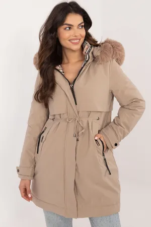 Winter Trench Down Jacket with Fur Hood Beige