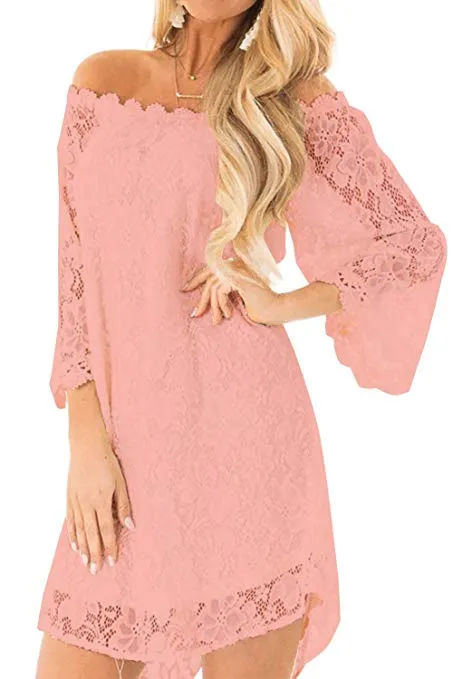 Women's Off Shoulder Flowy Vintage Lace Shift Loose Mini Dress