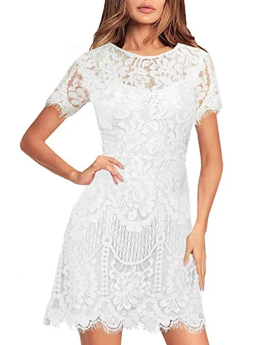 Women's Off Shoulder Flowy Vintage Lace Shift Loose Mini Dress